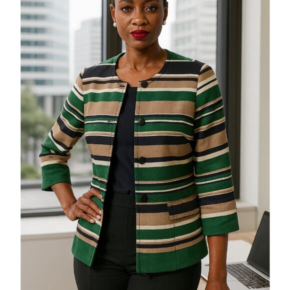 Talbots 10 Cropped Striped Jacket Blazer Work Career Office Navy Green Classy - Picture 1 of 9